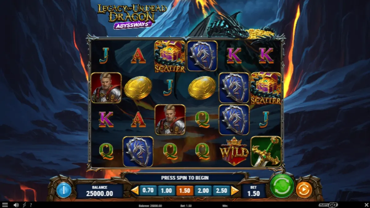 Tampilan visual slot Legacy of Undead Dragon Abyssways dengan naga dan ksatria