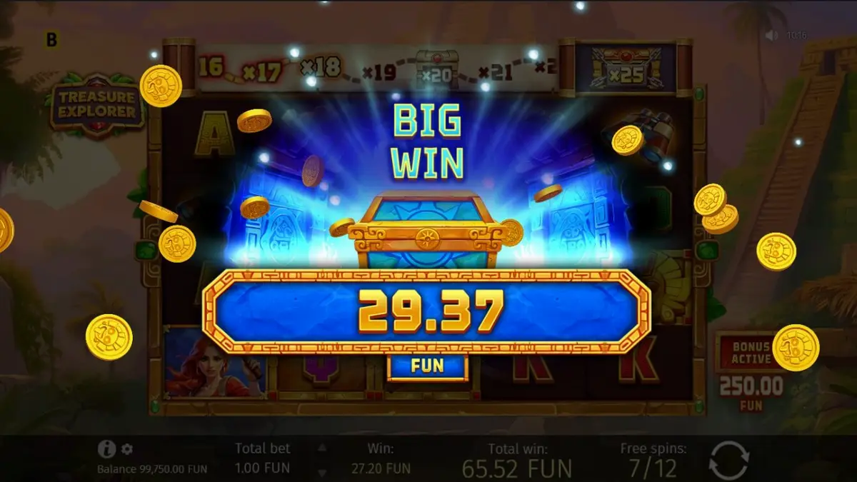 Pemandangan hutan Aztec dalam slot Treasure Explorer dengan karakter Laura Loot