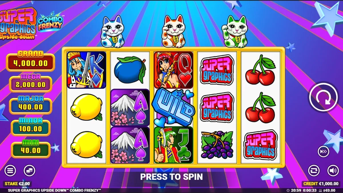 Tampilan visual slot Super Graphics Upside Down dengan tema anime dan Lucky Cats