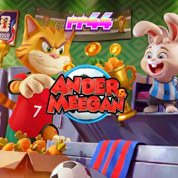 Tampilan visual slot Ander & Meegan dengan elemen sepak bola dan grid 5x5